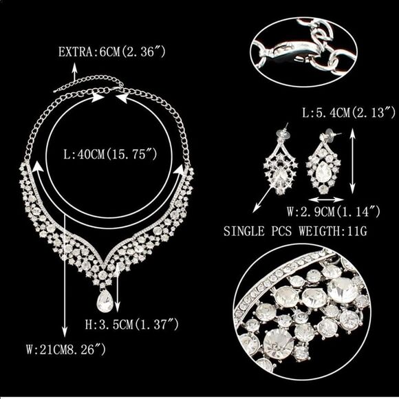 Silver & White Diamond Austrian Crystal Teardrop V Shape Necklace & Earrings Set - Picture 6 of 6